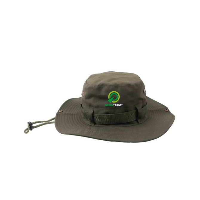 An olive green outdoor brim hat with a logo, featuring a wide brim and adjustable chin strap.