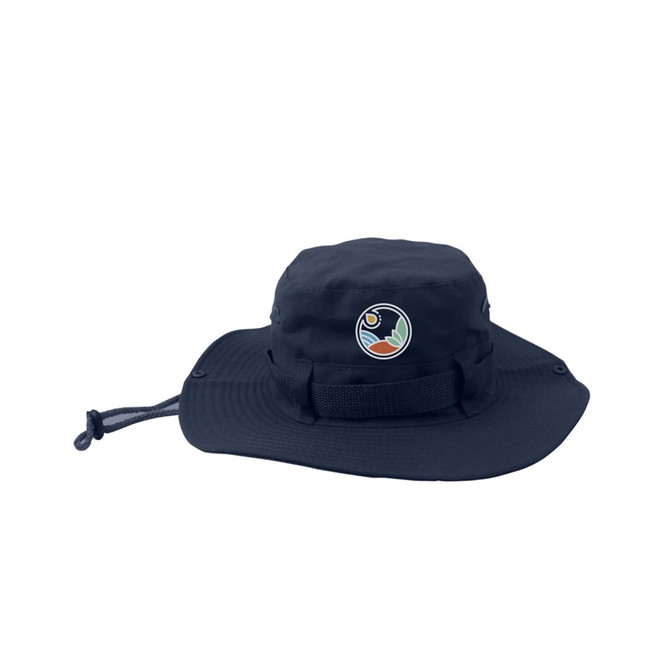 A navy outdoor brim hat with a chin strap and a logo on the front. The hat features a wide brim for sun protection.