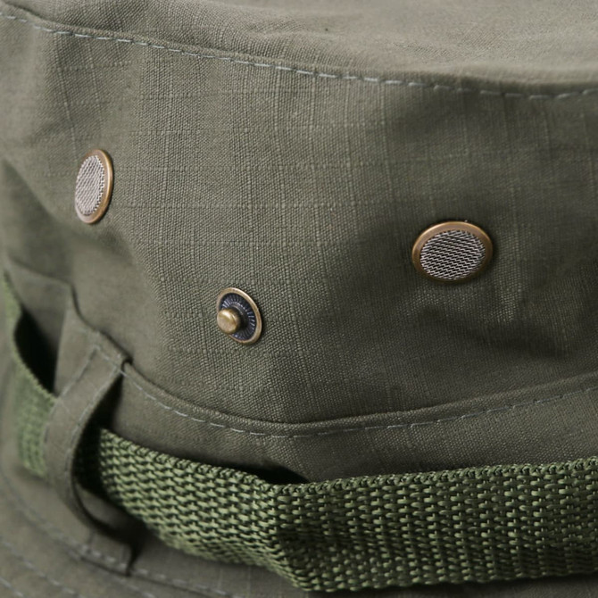 A green outdoor brim hat featuring metal snap buttons and a woven band for added style.