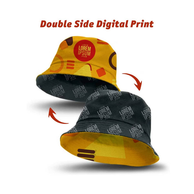 A RPET bucket hat featuring a reversible design with a yellow side and a dark side, both adorned with print patterns and logos.
