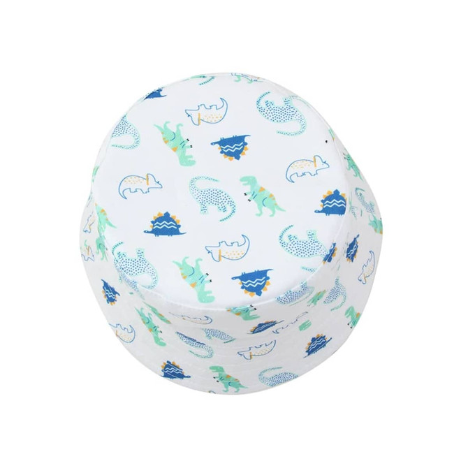 A white bucket hat featuring playful dinosaur and wave patterns in blue and green hues. It has a logo on the side.
