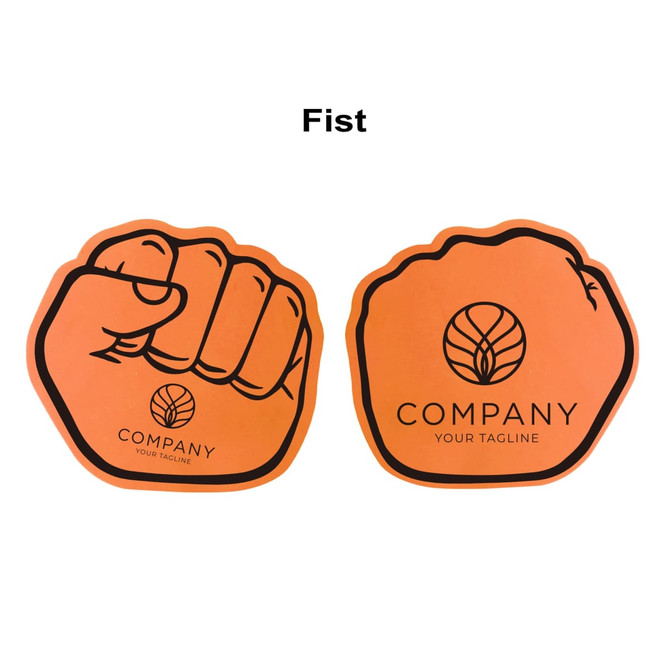 An orange foam mitt shaped like a fist with a logo on one side.