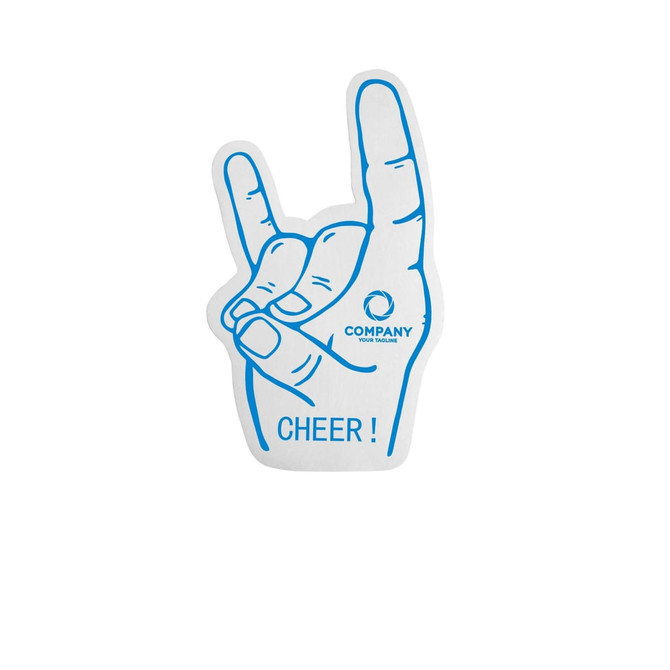 A foam mitt shaped like a hand making a "rock on" gesture, primarily blue in colour with a white background.