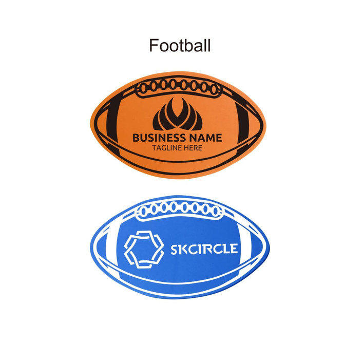 An orange and blue foam football with black outlines and a logo on each side.