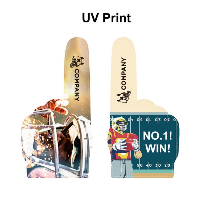 A giant foam hand with multi-coloured designs, featuring a sports theme and branding on both sides.