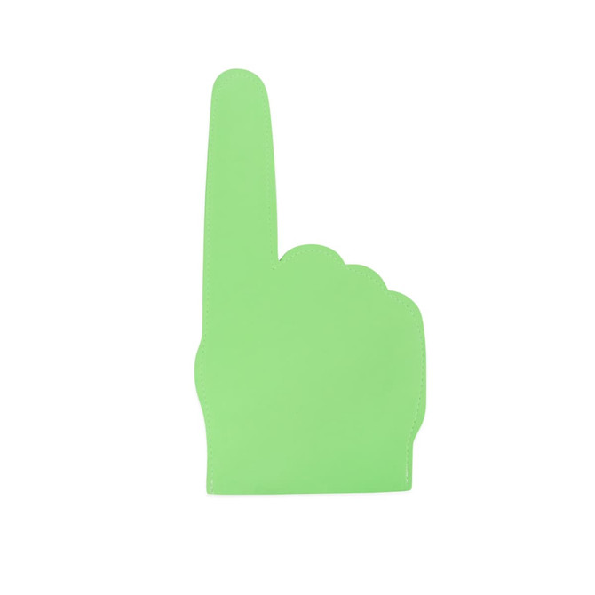 A giant foam hand in bright green, shaped like a hand with an extended index finger, featuring a logo.
