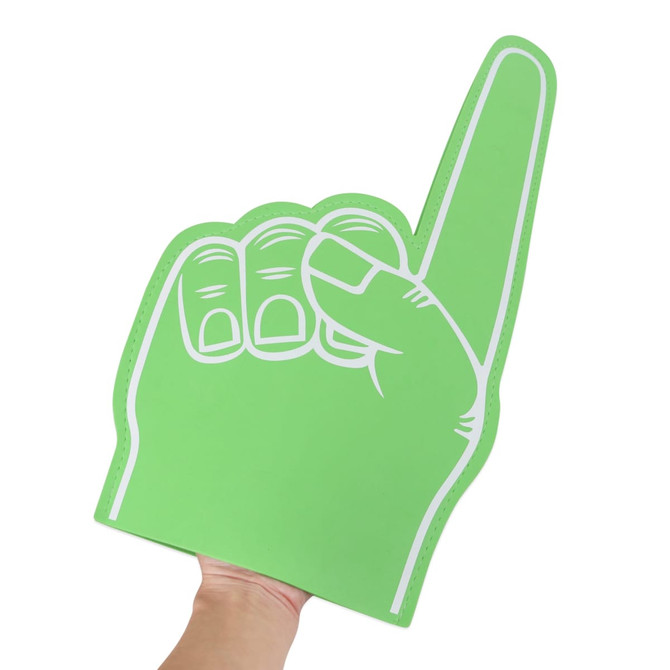 A large green foam hand raised in a number one gesture, featuring a white outline and details on the fingers.