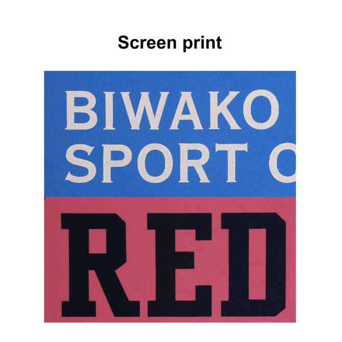 A section of screen print featuring bold text in red, blue, and cream colours, with a logo present.