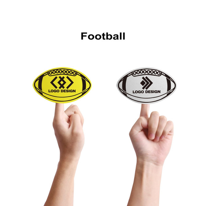 Two foam mitts in yellow and white, shaped like footballs, held up by hands. Each mitt features a logo design.