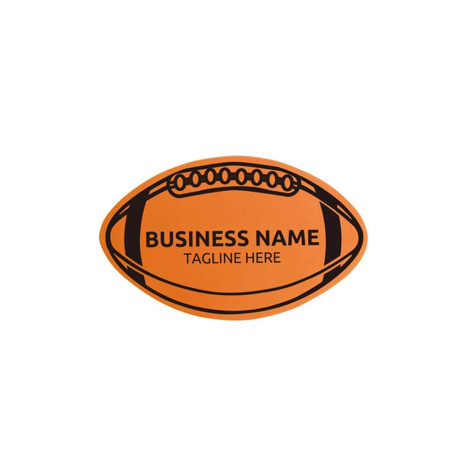 An orange foam mitt shaped like a rugby ball, featuring a black outline and a logo.