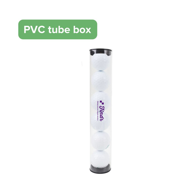 A PVC tube box containing six white golf balls, featuring a logo on the side.