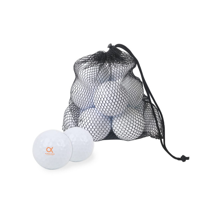 A mesh bag containing 12 white golf balls, featuring a logo on the front.