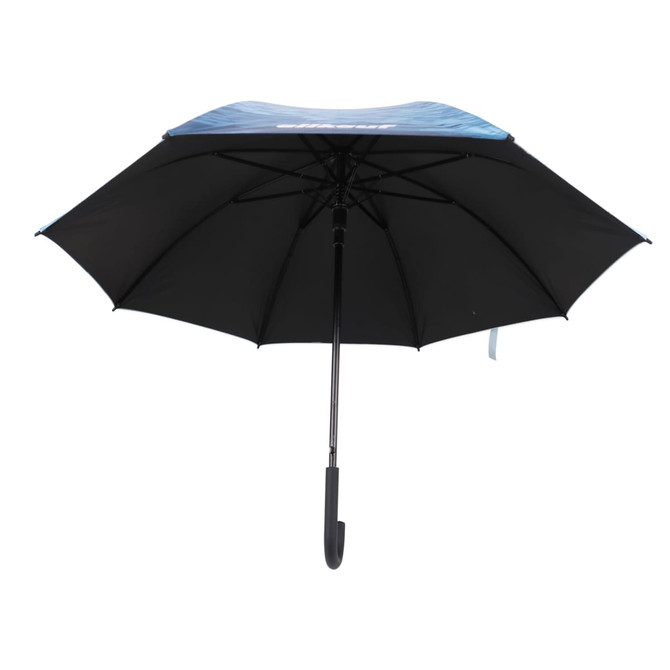 A classic eight-panel digital print umbrella in blue and black, featuring a curved handle and sturdy frame.
