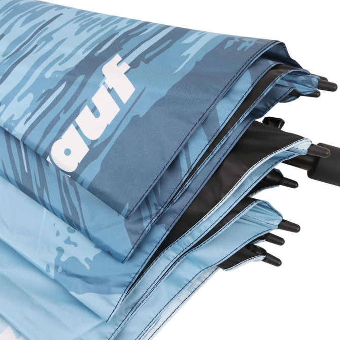 A blue and black eight-panel umbrella featuring a digital print design and a handle with a logo.