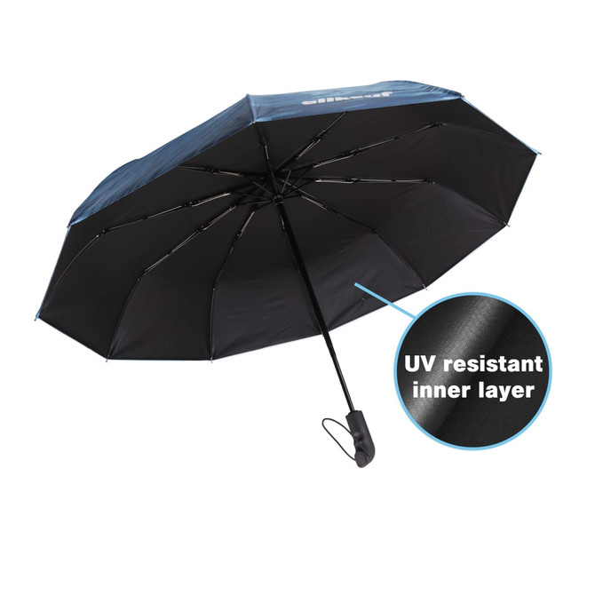 A folding ten-panel umbrella in black with a blue top and a UV resistant inner layer. Features a branded handle.