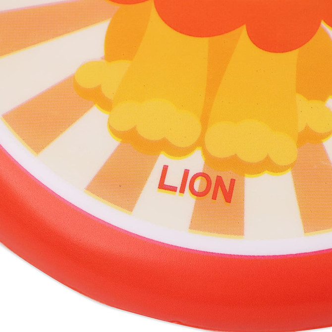 A red and yellow soft frisbee featuring a lion design and a logo, ideal for outdoor fun and games.