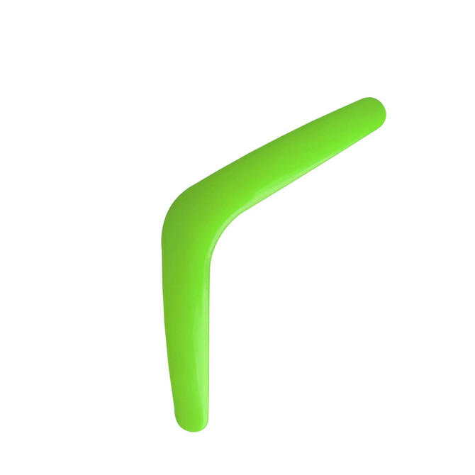 A bright green V-shaped boomerang toy with a smooth finish, suitable for outdoor fun and games.
