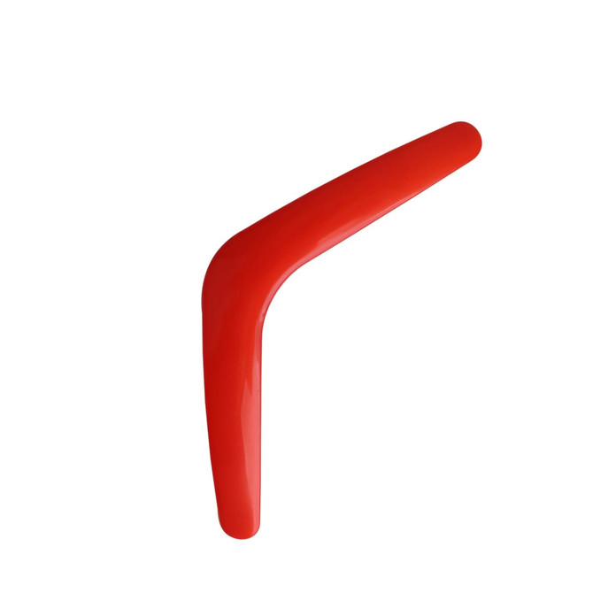 A bright red V-shaped boomerang toy with a glossy finish, designed for throwing and catching.