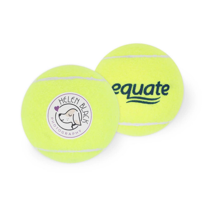 Two bright yellow tennis balls are displayed, one featuring a logo and the other with branding.