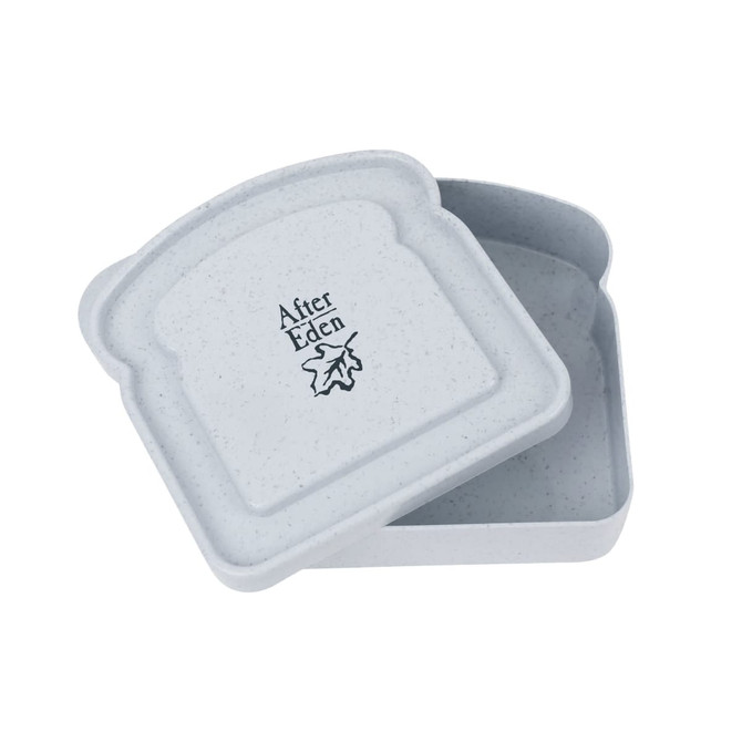 A grey, square lunch box made from bamboo fibre, featuring a logo on the lid. The lid is slightly ajar.