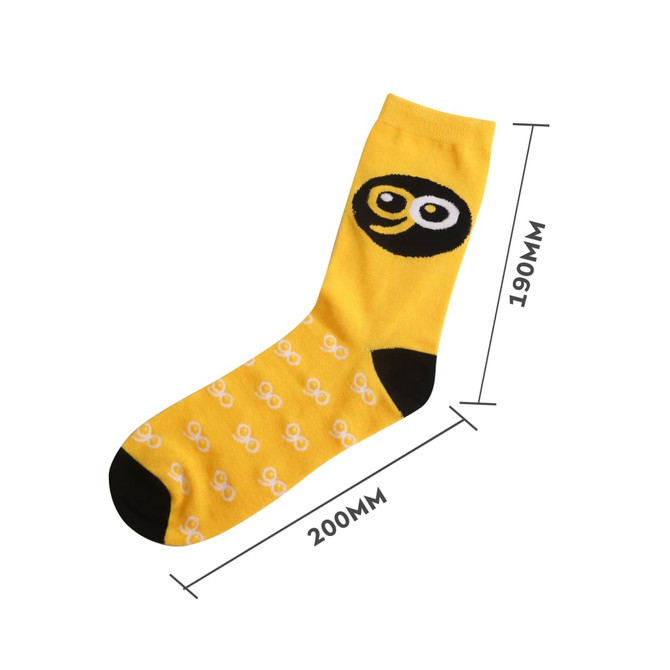 Bright yellow bamboo socks featuring a playful design with black accents and a logo. Ideal for everyday footwear. Bright yellow bamboo socks featuring a playful design with black accents and a logo. Ideal for everyday footwear.