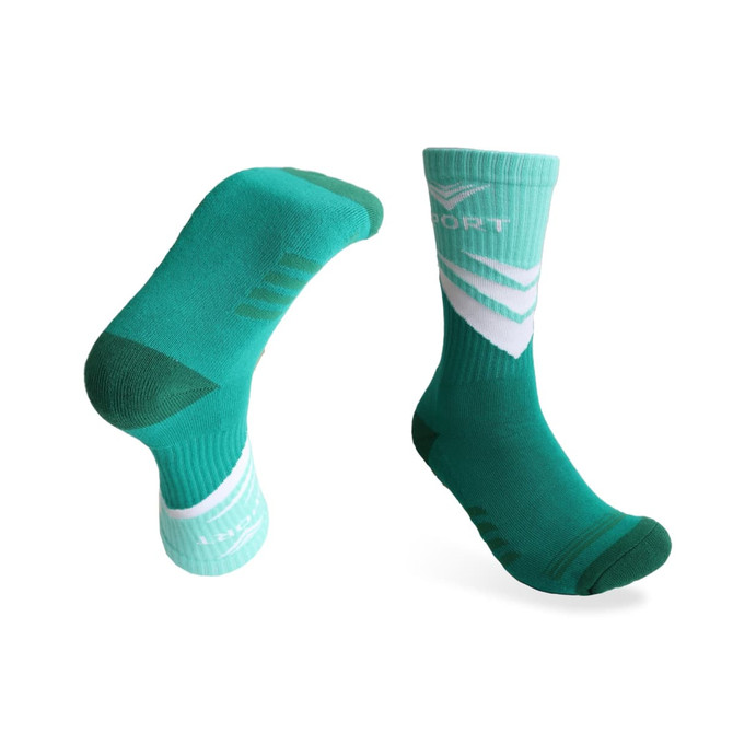 Turquoise sport socks featuring a towel bottom and a brand logo. Designed for comfort and performance in active wear.