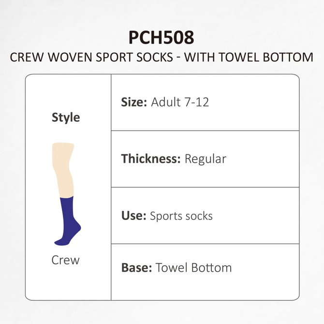 Crew woven sport socks in blue with a towel bottom, designed for adult sizes 7-12. Features a brand logo.