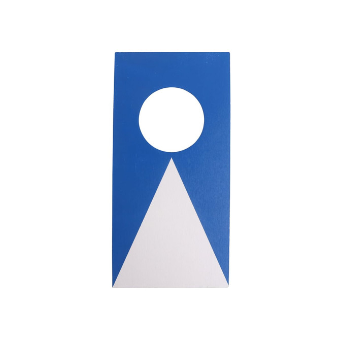 A blue and white Mini Cornhole Game Board with a triangular design and a circular hole at the top.