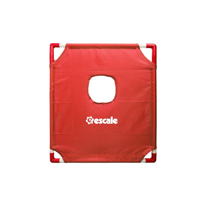 A red portable cornhole game board featuring a central hole and a logo.