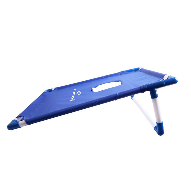 A blue portable cornhole game board with white accents, featuring foldable legs and a handle for easy transport.