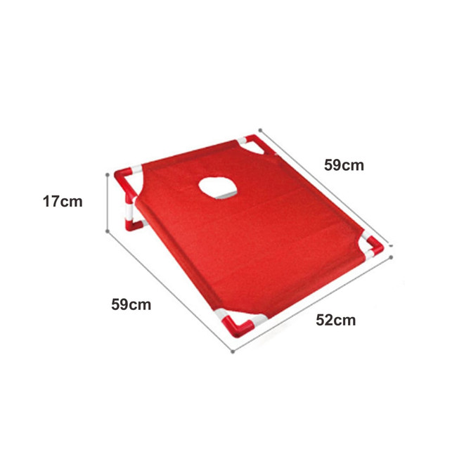 A red portable cornhole game board with a hole in the centre, featuring white edges and measuring 59cm by 52cm.
