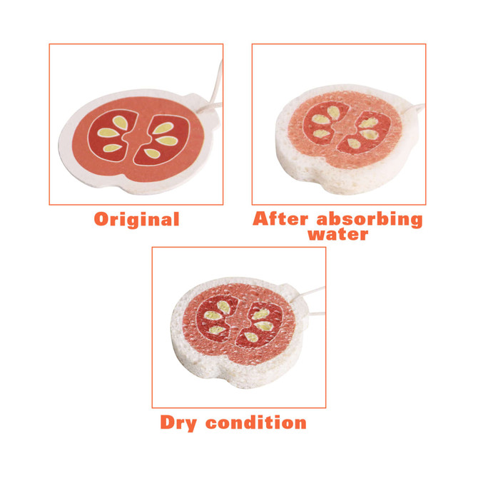 Three images of a custom sponge shaped like a tomato, displaying its original, water-absorbed, and dry conditions.