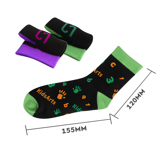 A pair of black socks with colourful patterns, including green, orange, and purple, featuring a logo. A pair of black socks with colourful patterns, including green, orange, and purple, featuring a logo.