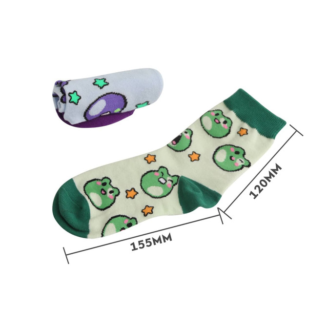 Woven socks featuring a light green base with frog patterns, and a smaller pair in purple and blue. Includes a logo. Woven socks featuring a light green base with frog patterns, and a smaller pair in purple and blue. Includes a logo.