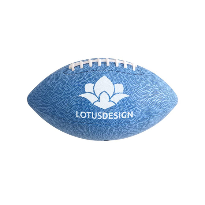 A light blue American football with white stitching and a logo on one side.