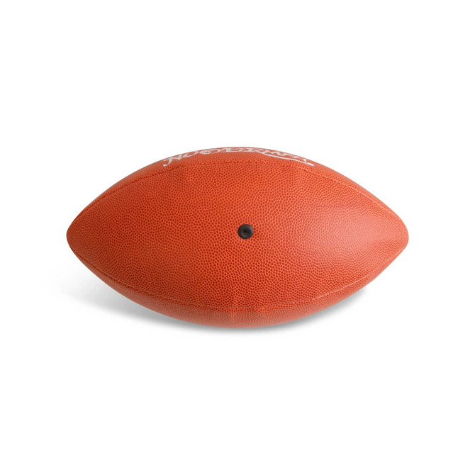 An orange American football with a textured surface and a black valve, featuring a logo.