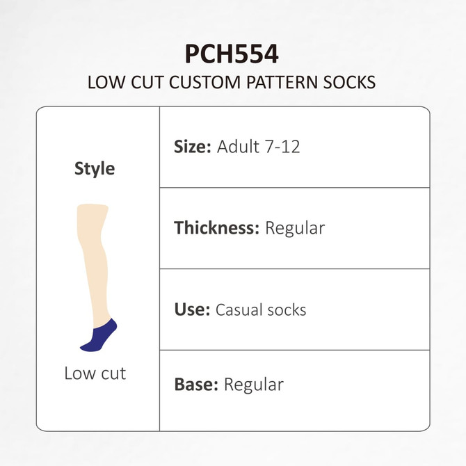 Low cut socks in various custom patterns and colours, suitable for adults sized 7-12. Regular thickness and style. Low cut socks in various custom patterns and colours, suitable for adults sized 7-12. Regular thickness and style.