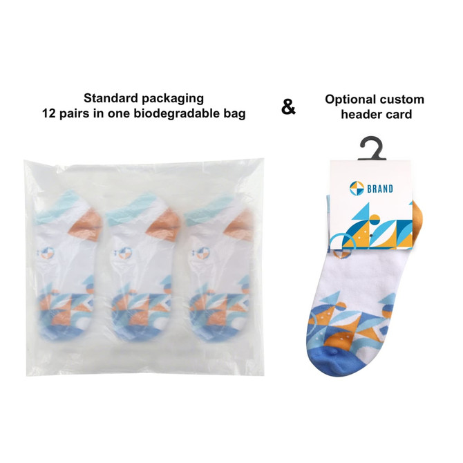 Low cut socks in a mix of blue, white, and orange patterns, packaged in a biodegradable bag. Low cut socks in a mix of blue, white, and orange patterns, packaged in a biodegradable bag.