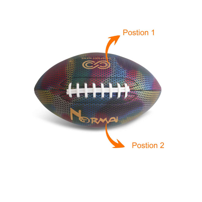 A holographic glowing American football in multiple colours with a logo on its surface.