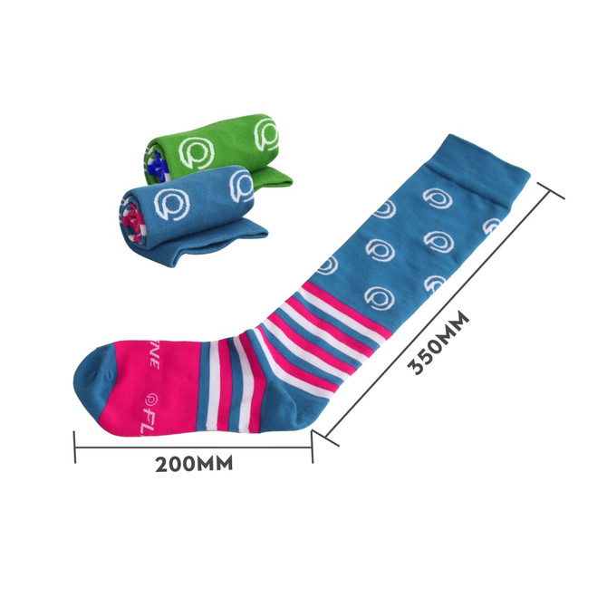 Mid calf socks in blue with pink and striped patterns, accompanied by rolled green and blue custom pattern socks. Mid calf socks in blue with pink and striped patterns, accompanied by rolled green and blue custom pattern socks.