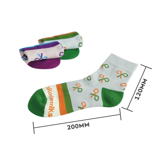 Ankle custom pattern socks featuring a towel bottom, in pastel colours with green, purple, and orange accents.