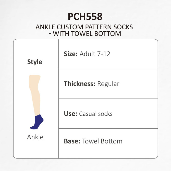 Ankle custom pattern socks in dark blue with a towel bottom, suitable for adults size 7-12. Features a logo.