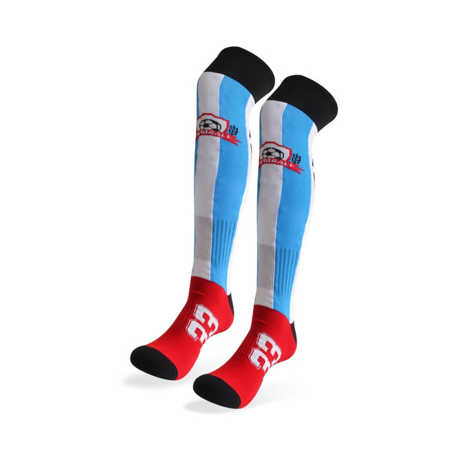 A pair of knee-high socks featuring a custom blue and white pattern with red accents and a towel bottom.