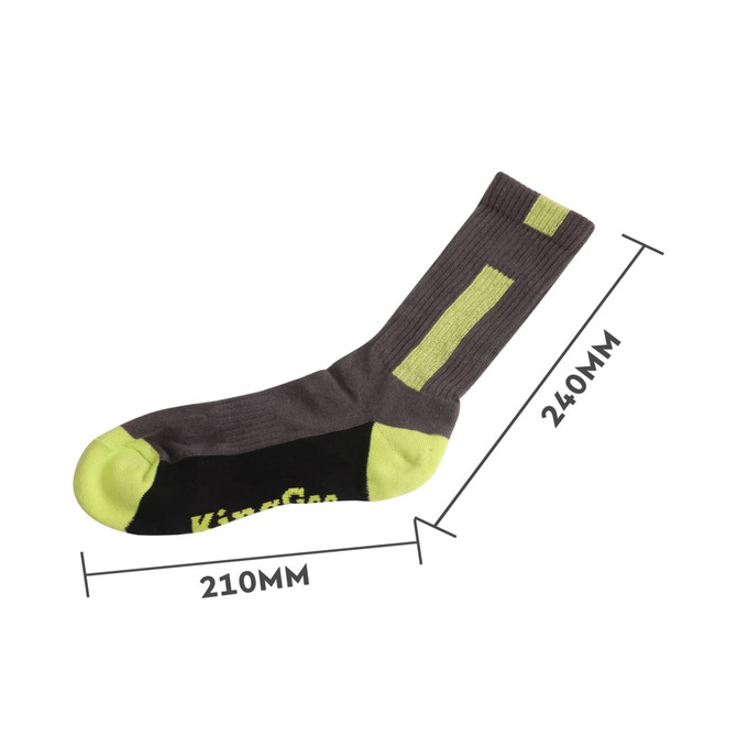Premium crew woven work sock in grey and lime green, featuring a towel bottom. Includes a logo detail. Dimensions provided. Premium crew woven work sock in grey and lime green, featuring a towel bottom. Includes a logo detail. Dimensions provided.
