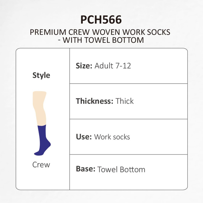 Premium crew woven work socks in navy blue with a towel bottom, suitable for adult sizes 7-12.
