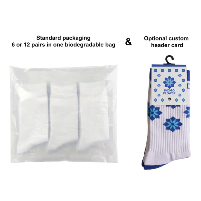 Woven work socks featuring a towel bottom with a blue and white floral design in biodegradable packaging.