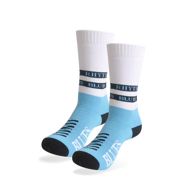 Crew woven bamboo work socks in blue and white, featuring a logo band and reinforced toe and heel areas. Crew woven bamboo work socks in blue and white, featuring a logo band and reinforced toe and heel areas.