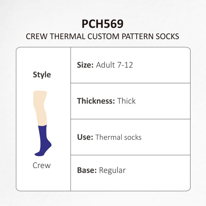 Crew thermal socks in navy blue with a thick design, suitable for adult sizes 7-12. Includes a logo.