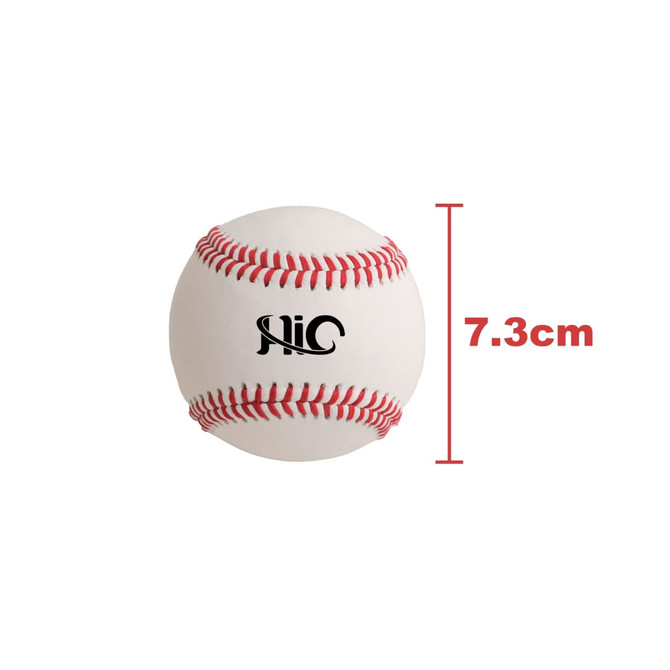 A training baseball in white with red stitching, featuring a logo on its surface, measuring 7.3 cm in diameter.