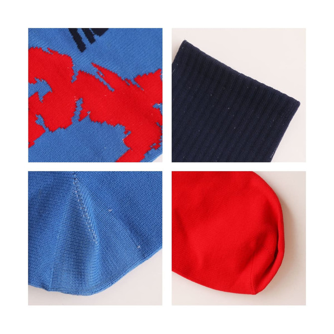 Knee high football socks featuring a blue and red custom pattern, with sections showing ribbed and smooth textures.